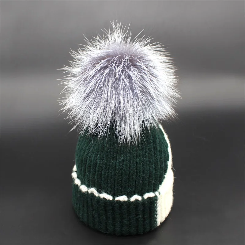 Милые вязаные шапочки, детская зимняя шапка, детские шапки gorro, шапки из натурального меха серебристой лисы для девочек - Цвет: green
