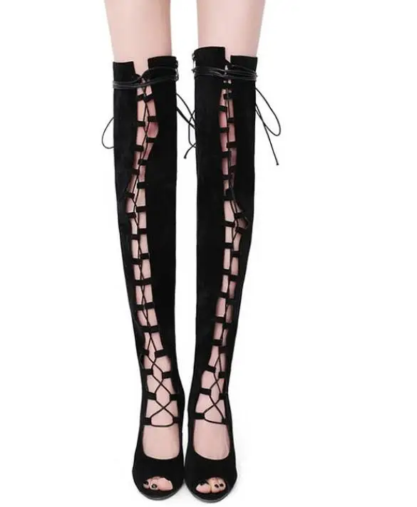 

Hot Sexy Black/Yellow PU Shoes Peep Toe Cover Heel Cross-tied Women's Shoes Thin Heels Over-the-Knee Big Size Women's Boots