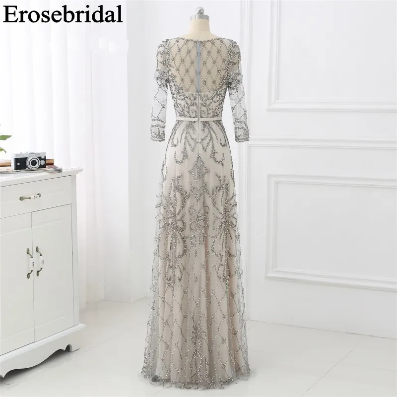 Elegant Evening Dress Long 2019 Long Sleeve Robe Soiree Long Formal Dresses Evening Gown Red/Navy/Grey Luxury Beaded