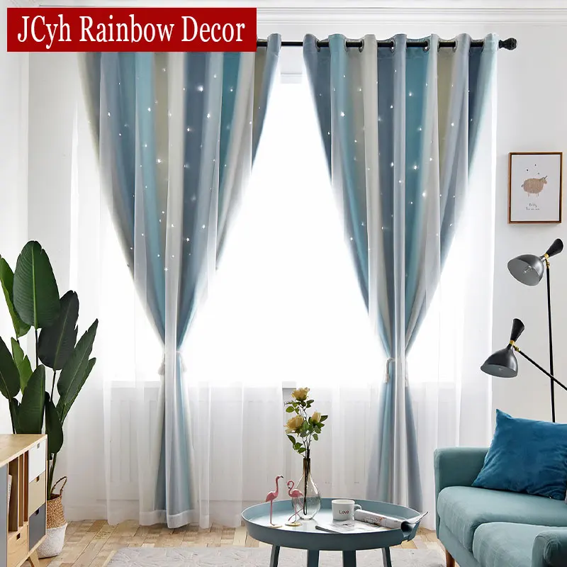 

Romantic Striped Gradient Blackout Curtains + Tulle Curtains For Living Room Princess Hollow Stars Bedroom Window Drapes