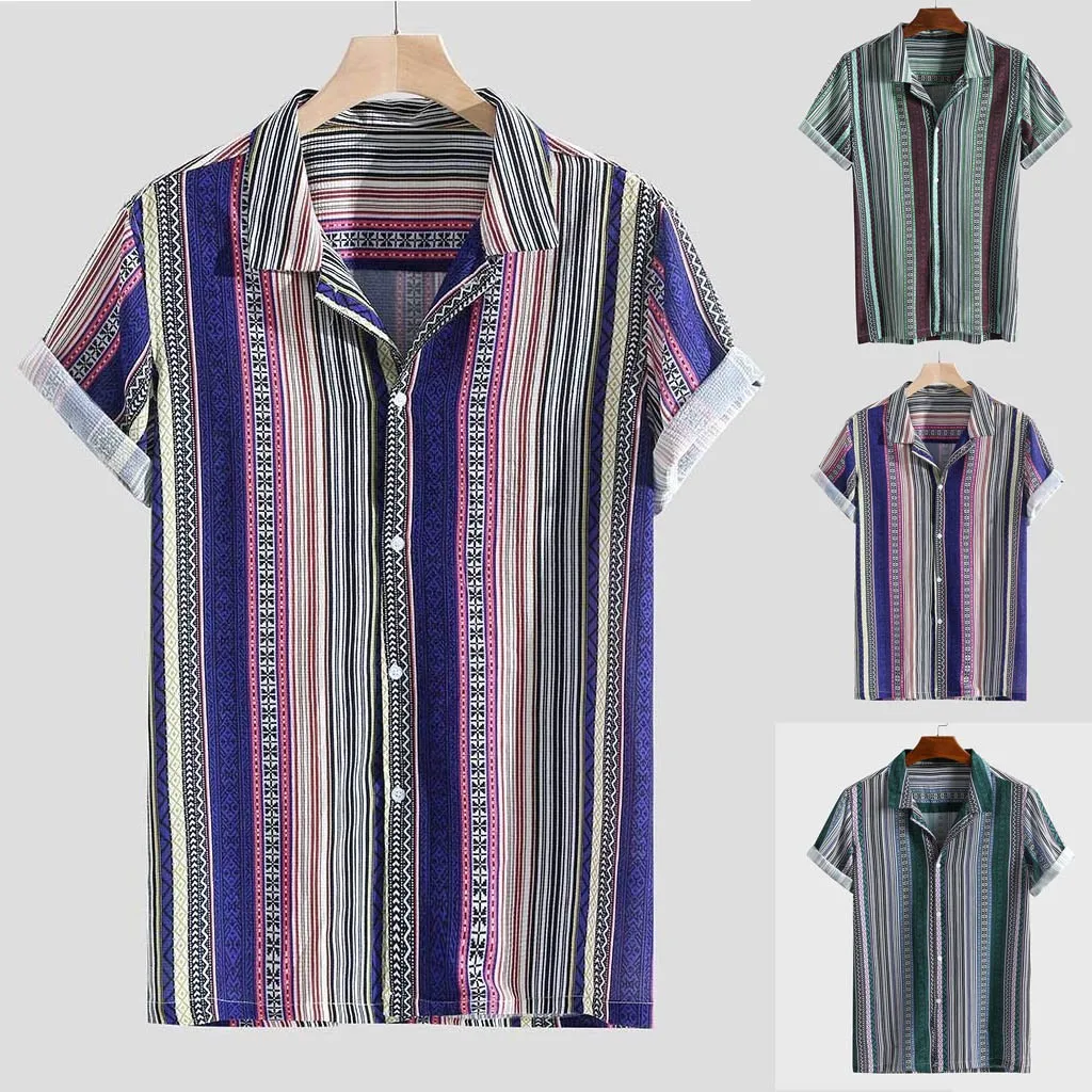 Blouse Shirt Men Rainbow Striped Hawaiian Holiday Short Sleeve Summer Casual Harajuku Top Camisa Hombre Street Clothes 19Je