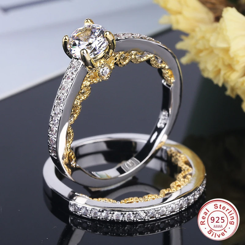 

NEW Design Vintage Gold Color Luxury 2 Rounds Bijoux Plata Wedding Ring Set Cubic Zirconia Jewelry For Women Men