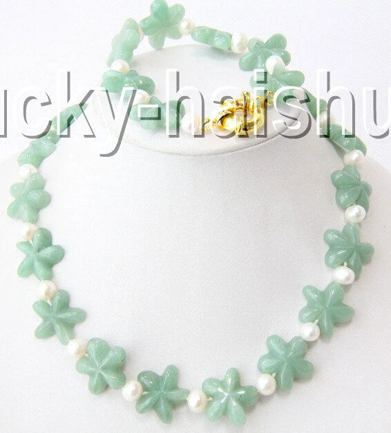 

Genuine 17" 8" pentacle green jade white pearls necklace bracelet set j9185 new