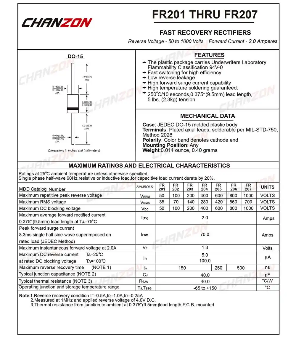 Chanzon FR207 Fast Recovery Rectifier Diode 2A 1000V 150-500ns DO-15 Axial 2 Amp 1000 Volt Electronic Diodes Pack of 100 Pieces DO-204AC