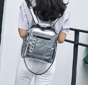 

High Quality Silver Backpack Personality Teenager College Student Schoolbag All-match Chic Leather Outgoing Bags Mochila D145