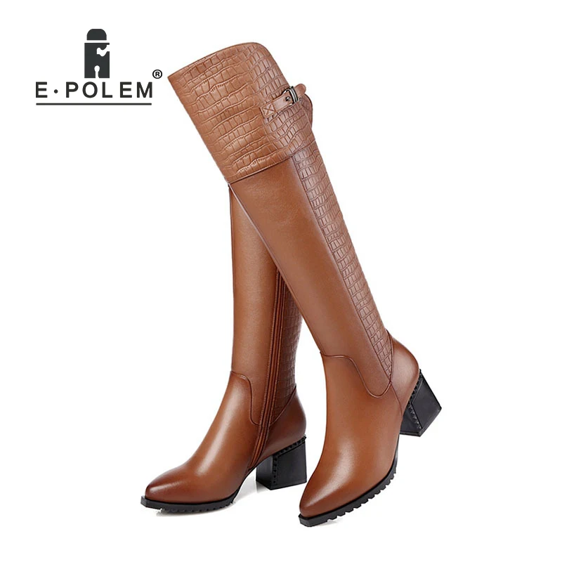 

Vintage Boots Warm Velvet Lining Embossed Knee Boots Pointed Toe Side Zipper Long Boots Fashion Female Motorcycle Booties
