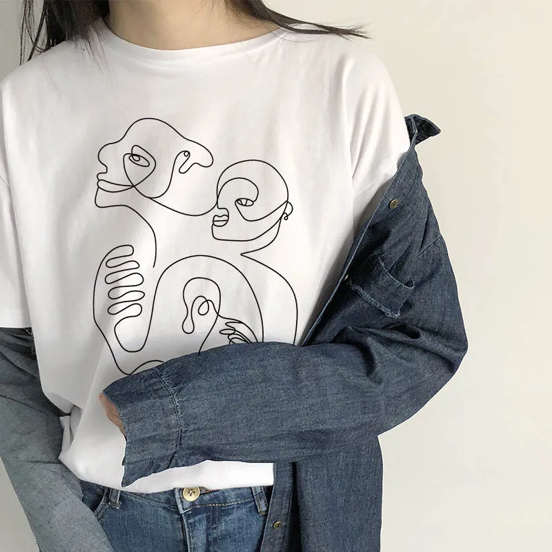 

Abstract Line Print Loose Casual Short Sleeve Fun Harajuku Korea New Ulzzang Women Cartoon Summer Tops White O-neck T-Shirt
