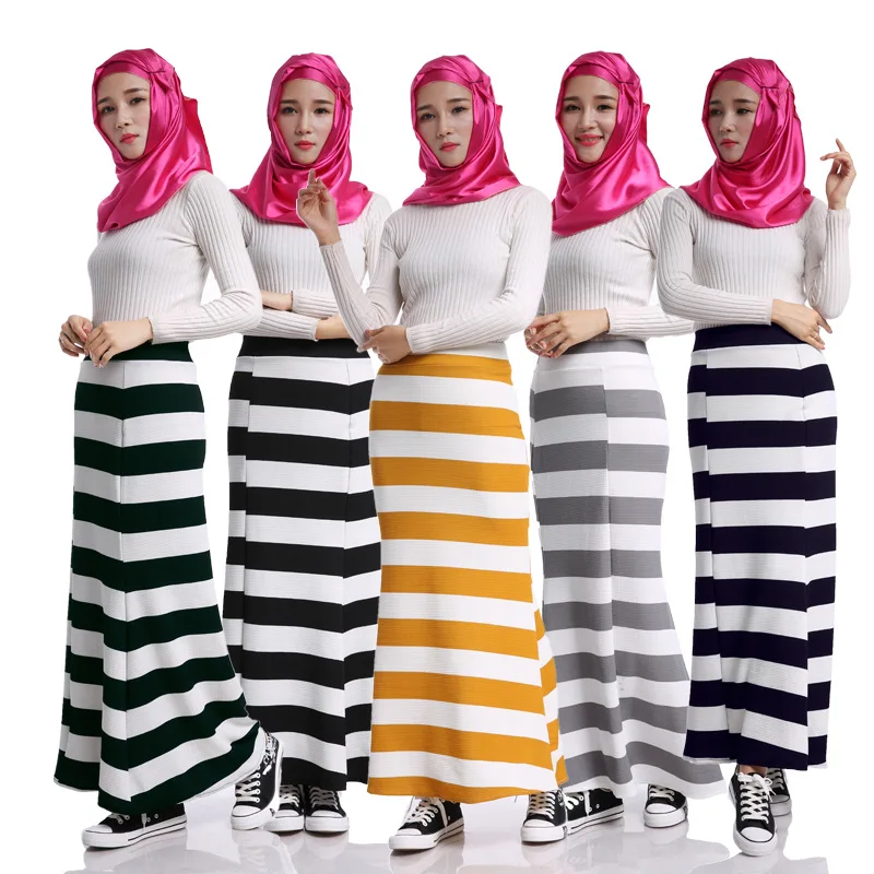 Islamic Muslim Long Skirt Fashion Stripe Linen Women Arab Skirt Retro