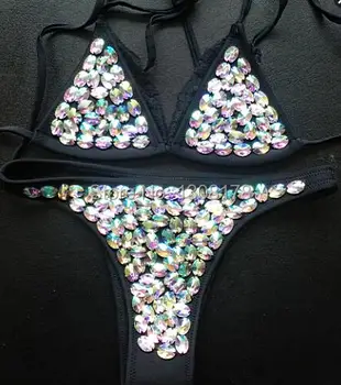 

New Set Women High quality Sexy Neoprene Crystal Rhinestone Black Lace Triangle Bikini Swimsuit Swimwear