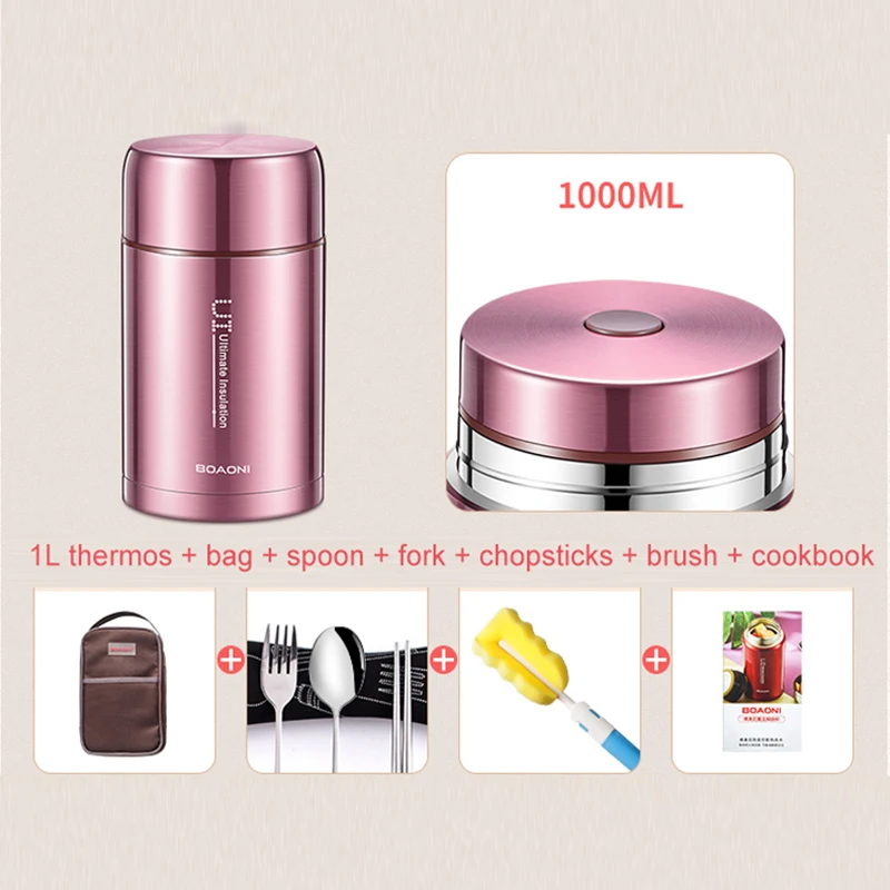 US $31.20 Boaoni 1000ml Food Thermal Jar Vacuum Insulated Soup Thermos Containers 188 Stainless Steel Lunch Box With Folding Spoon