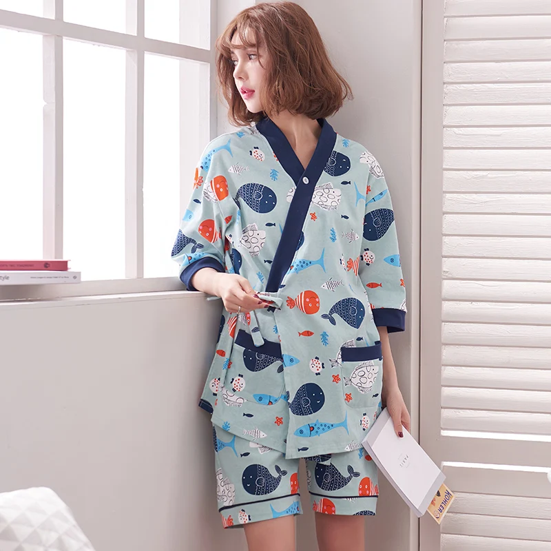 

Cartoon Fish Women Yukata Japanese Kimono Pajamas Sets 100%Cotton Bathrobe Suits Short Pant Nightgown Sleepwear Leisure Homewear