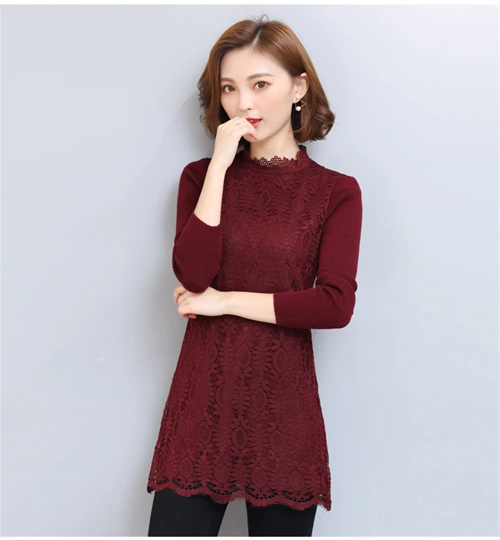Autumn-Winter Thicken Women Lace Dress 2017 All Match Sweater Sleeve Wine Lace Dress vestido Plus Size 3XL bodycon Work Dress  (4)