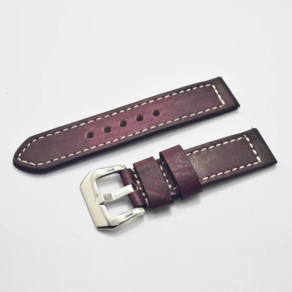 Handmade Vintage Wine Red Genuine Leather Strap Watch Band 20mm 22mm 24mm Bracelet Wrist Belt Watchband Classic Metal Buckle