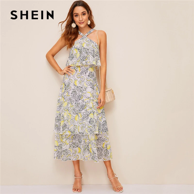 

SHEIN Lemon Print Layered Ruffle Hem Halter Dress Women High Waist Long Dress Boho Sleeveless Fit and Flare Summer Dresses