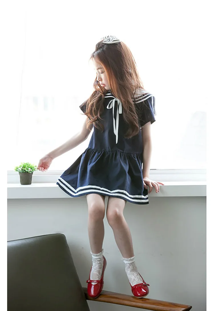 Summer Teen Girls Short Sleeves Cotton Dress Korean Kids Sailor Collar School Clothes Girls Preppy Style Children Clothing- HTB15l7mPVXXXXbxXXXXq6xXFXXXx