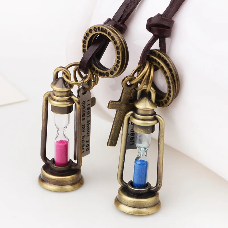 

F&U Vintage Hourglass Shape Pendant Necklace Cow Leather Pendent Adjustable Chain Jewelry For Men and Women 2 Colors Available