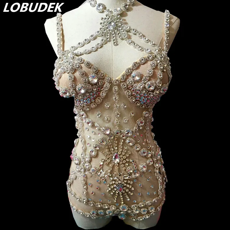 Боди женское прозрачное со сверкающими кристаллами ds costume crystal bodysuitsparkle singer | Танцевальный костюм для китайских народный танцев -32477997564