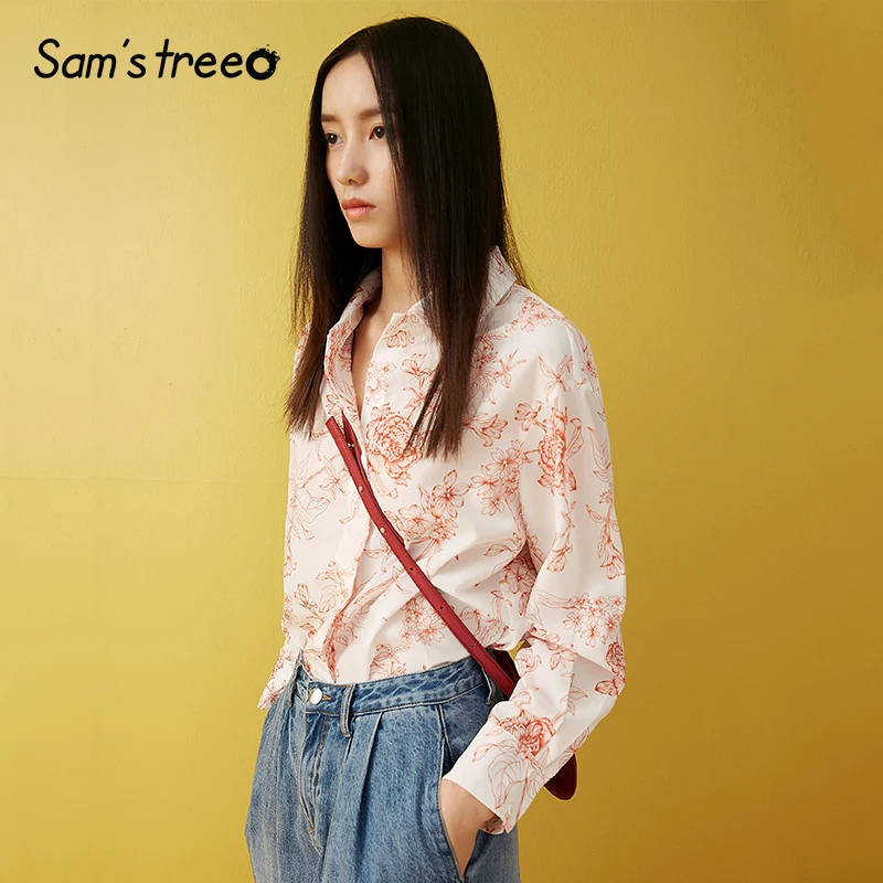 

Samstree Autumn Women Chiffon Shirts Floral Print Female Blouse Turn-down Collar Long Sleeve Loose Lady Shirts