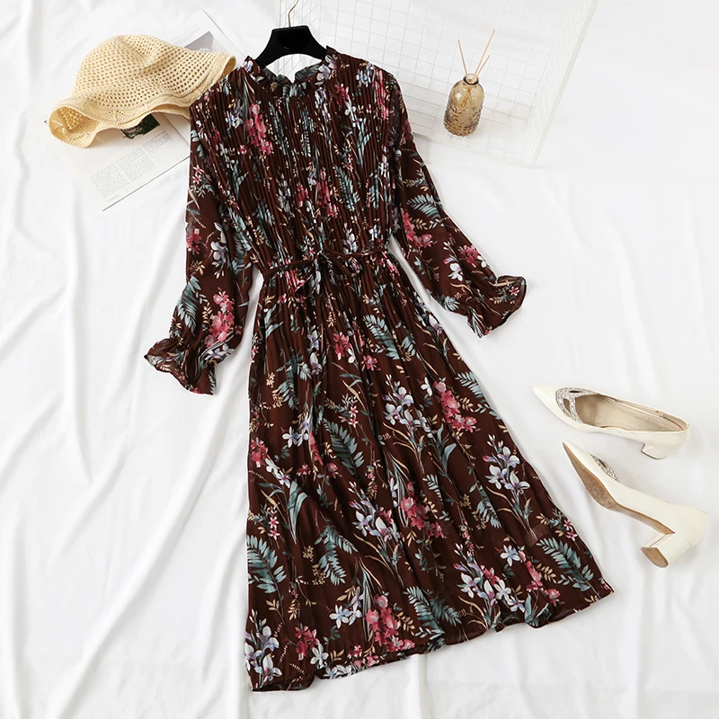 

Floral Print Chiffon Dress 2019 Women Spring Flare Sleeve Ruffle Pleated Long sleeve Dress Elastic Waist Vintage Femme Vestidos
