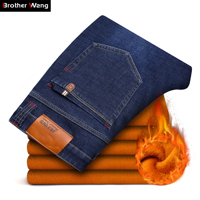 

2019 Winter New Brand Men's Warm Jeans Casual Stretch Slim Denim Pants Male Big Size Men Trousers 40 42 44 46 Black Blue