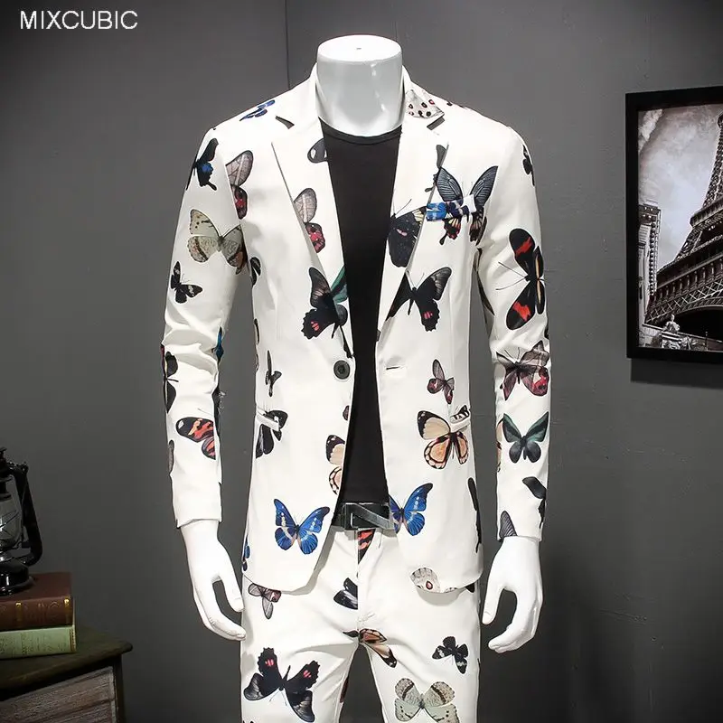 

MIXCUBIC 2017 new spring Autumn England style butterfly printed suit men casual Slim butterfly printed suit for men size M-4XL