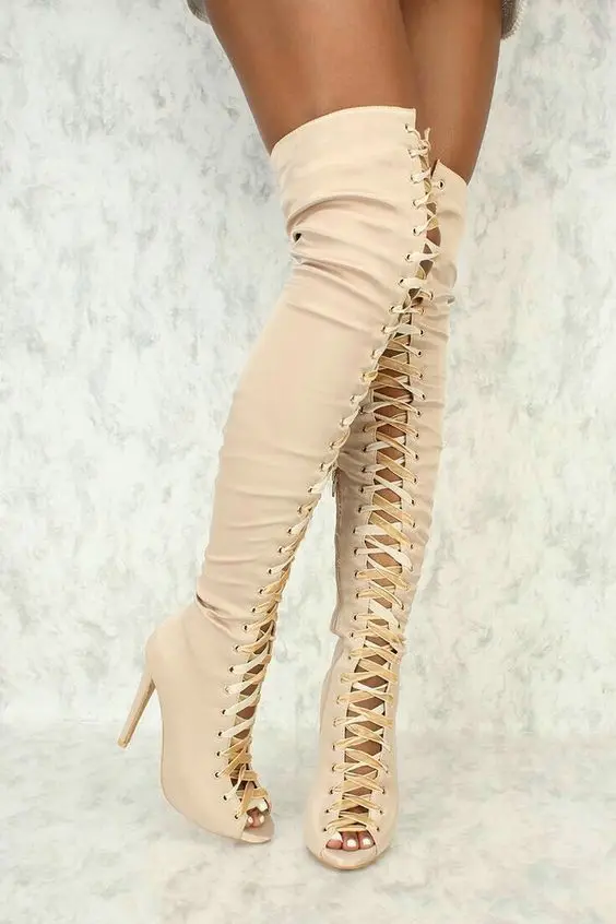 Unique Designer Mirror Leather Silver Gold Peep Toe High Heel Thigh High Boots Patent Cross Tied Over The Knee Stiletto Shoes