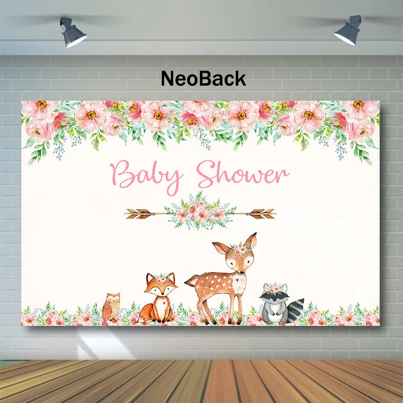 

NeoBack Baby Shower Backdrop Animal Fox Elk Baby Shower Background for Photo Flower Jungle Baby Shower Photography Backdrops