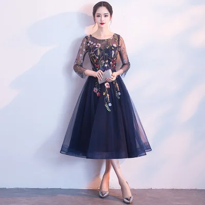 Вечерние платья женские новые корейские демисезонные модные элегантные тонкие сетчатые с вышивкой шикарные банкетные платья Vestidos Feminina LD809 - Цвет: Navy blue mid-long