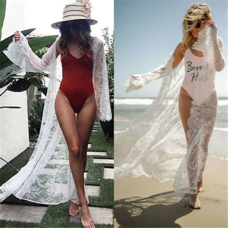

Long Sleeve Beach Cover Ups Women Chiffon Robe Solid White Black Lace Beach Dress Women Beach Tunic Sarong Swimsuit Bikini 2019