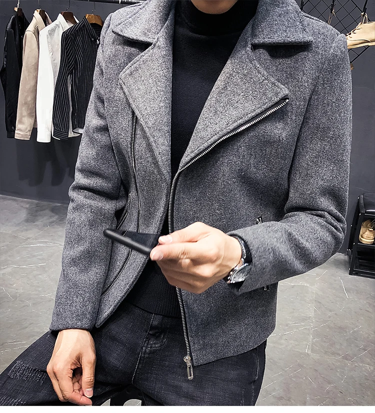MYAZHOU новое популярное мужское шерстяное пальто, модная мужская короткая шерстяная куртка с Диагональной молнией, Корейская повседневная мужская тонкая верхняя одежда