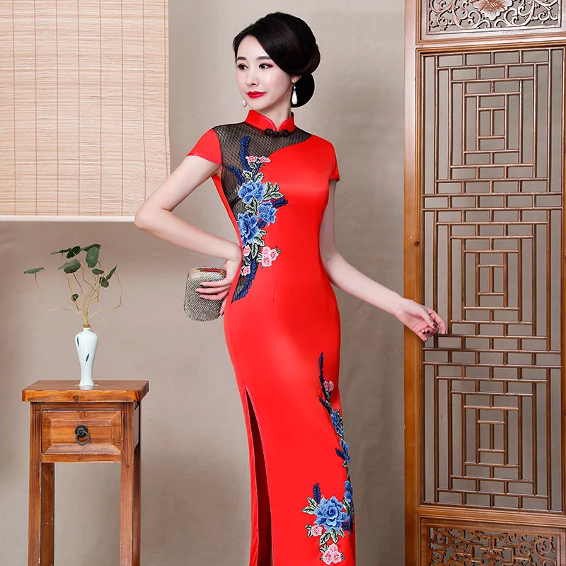 Женское Летнее Длинное Платье-туника, китайское традиционное платье, Cheongsam mordern, красный, синий, цветочный узор, китайский костюм tang Qipao