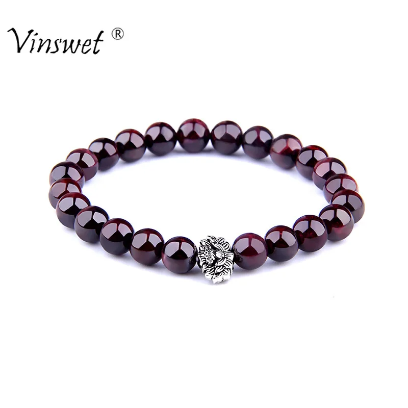 

Retro Natural Stone Garnet Bracelets Men Fashion Tibetan Silver Lotus Charm Bracelet Women Jewelry Gifts Pulseras Mujer