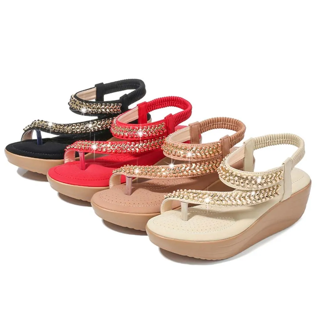 

Bohemia Women Ladies Crystal Wedges Sandals Beach Flops Flip Casual Shoes #$