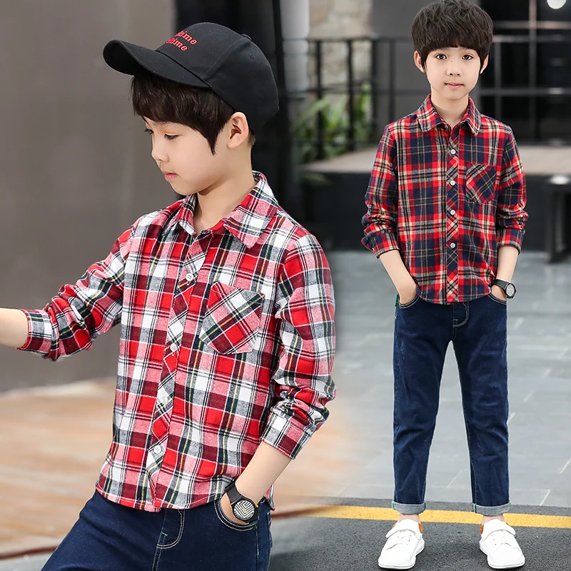 

Big Boys shirts Plaid Cotton Linen child Shirts kids school Lapel Blouse red tops clothes Kids Children plaid 6 8 10 12 years