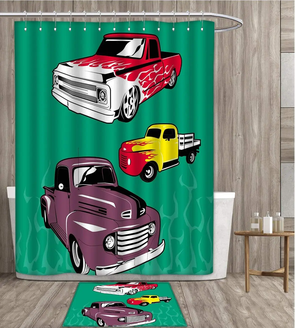Truck Shower Curtain Mildew Resistant Colorful Vintage Pickups and Flatbed Flame Motif in the Design Bathroom Decor | Дом и сад