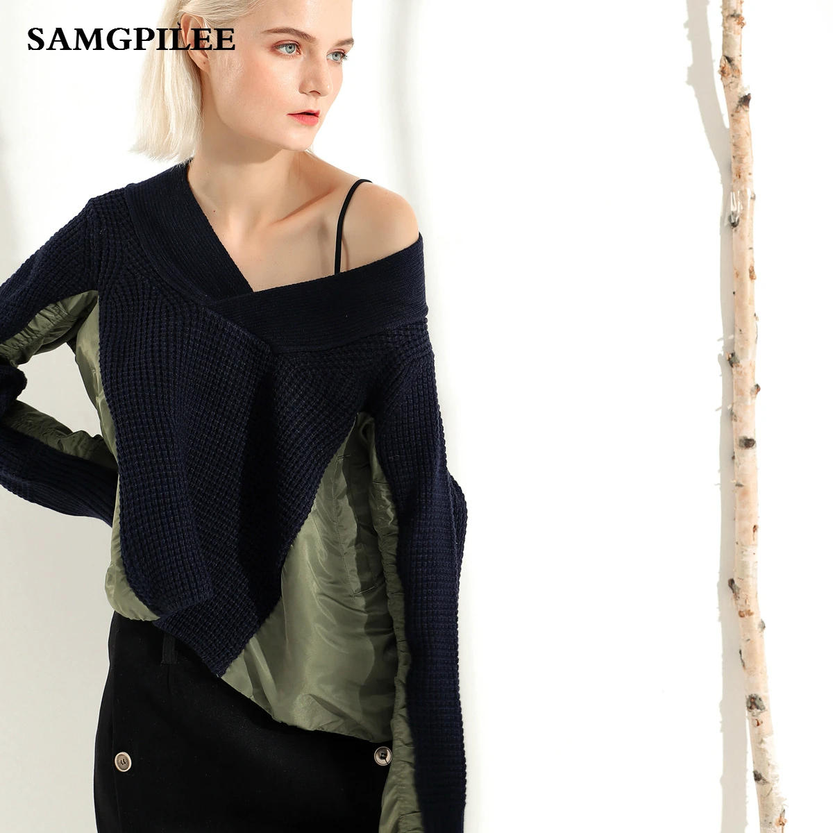 

2019 New Casual Computer Knitted V-neck Full Sleeve Pullovers Appliques Patchwork Standard Women Sweatershirt