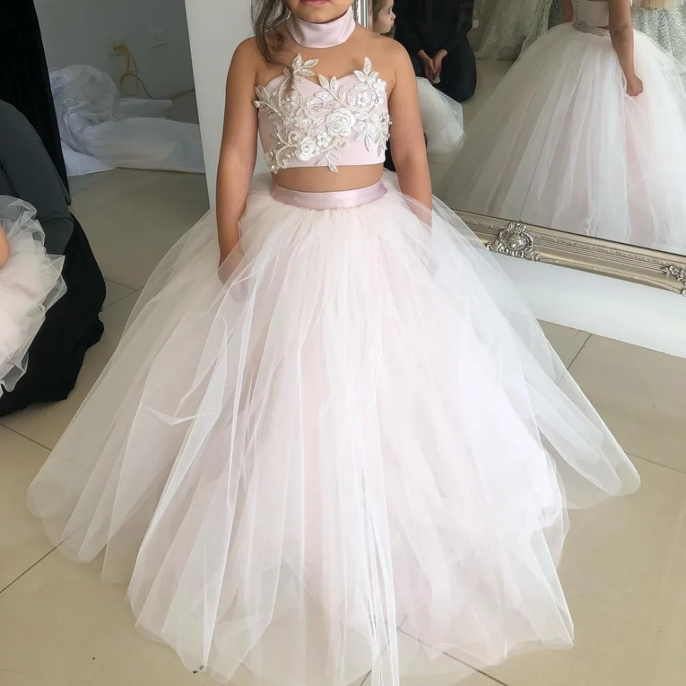 2019 г. розовые длинные платья для первого причастия из тюля с кружевом и жемчугом для маленьких девочек, платья с цветочным узором для