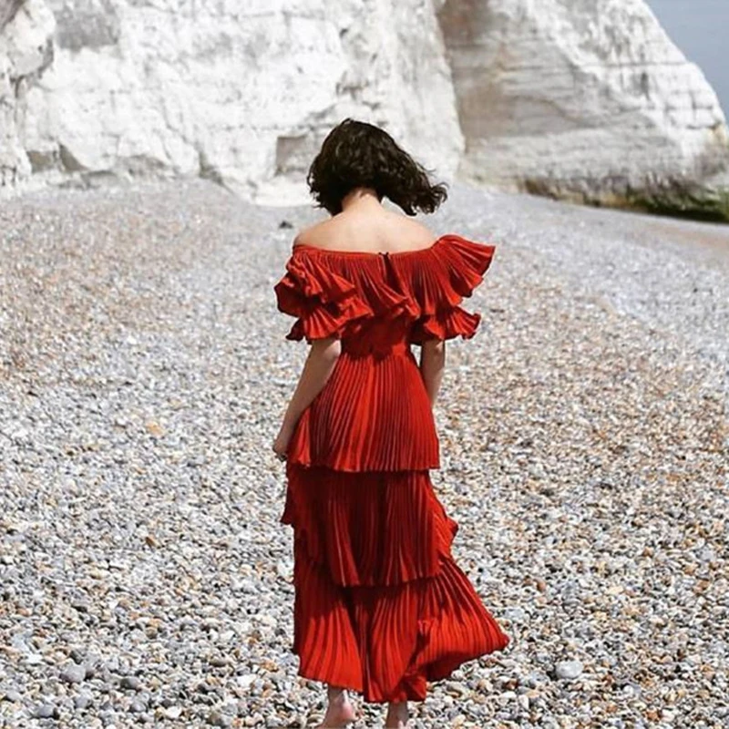 Plissée Manches Haute Élégante 2018 Vocation Longue Qualité Robes Casual Robe Rouge Femme Couleur Partie Ruches Pétale Sexy dIqwq0