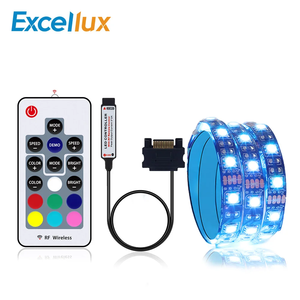 RGB LED قطاع ضوء للكمبيوتر وحدة معالجة خارجية للحاسوب ، SATA امدادات الطاقة واجهة + 17key جهاز التحكم عن بُعد بالتردادات الرادوية/ اللاسلكية اللاسلك...