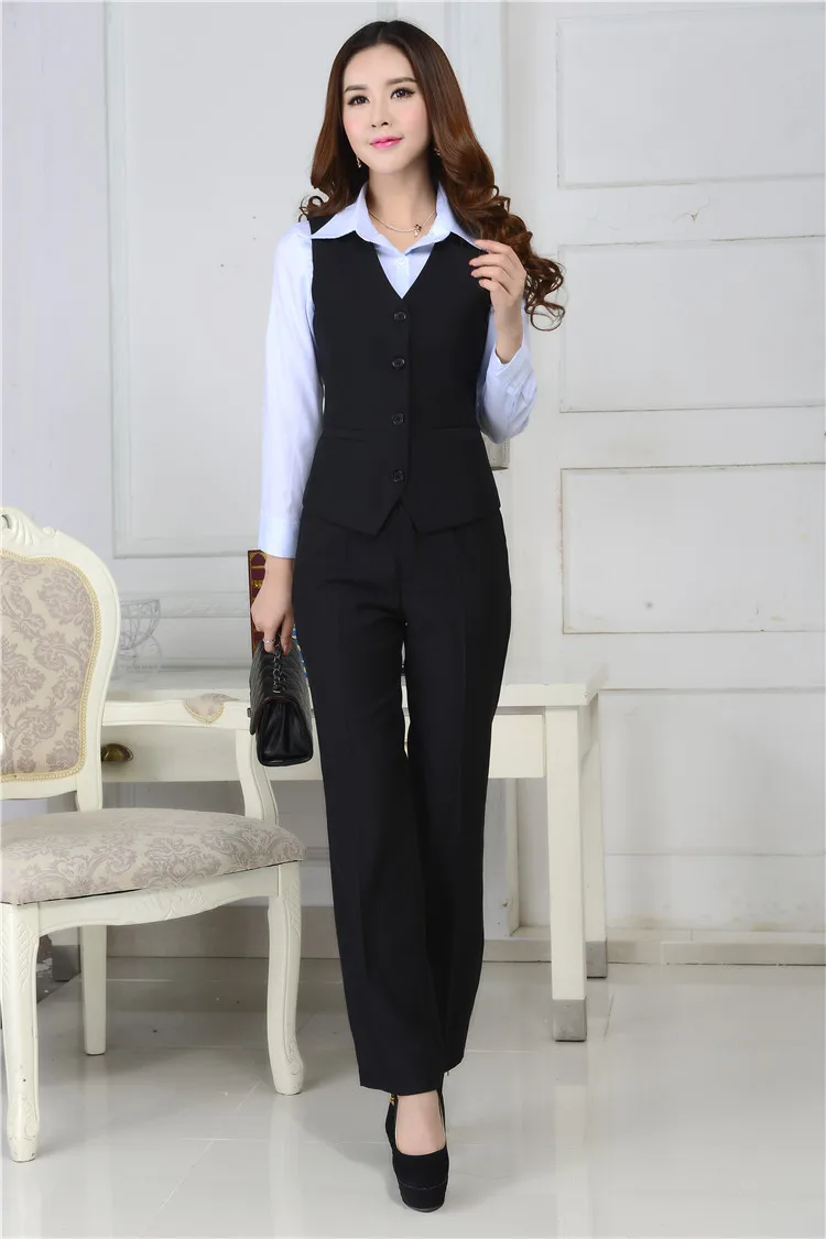 Plus Size Fashion Elegant Spring Autumn Professional Business Work Wear Suits Vest+ Pants Office Ladies Formal Pantsuits - Цвет: Black