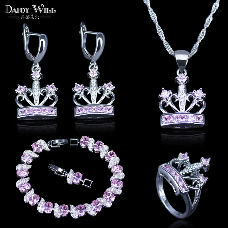 

Dubai Simple Crown Square Jewelry Sets For Women Silver Color 925 Stamp Jewelry Bracelets Pendant Drop Earrings Rings Sets