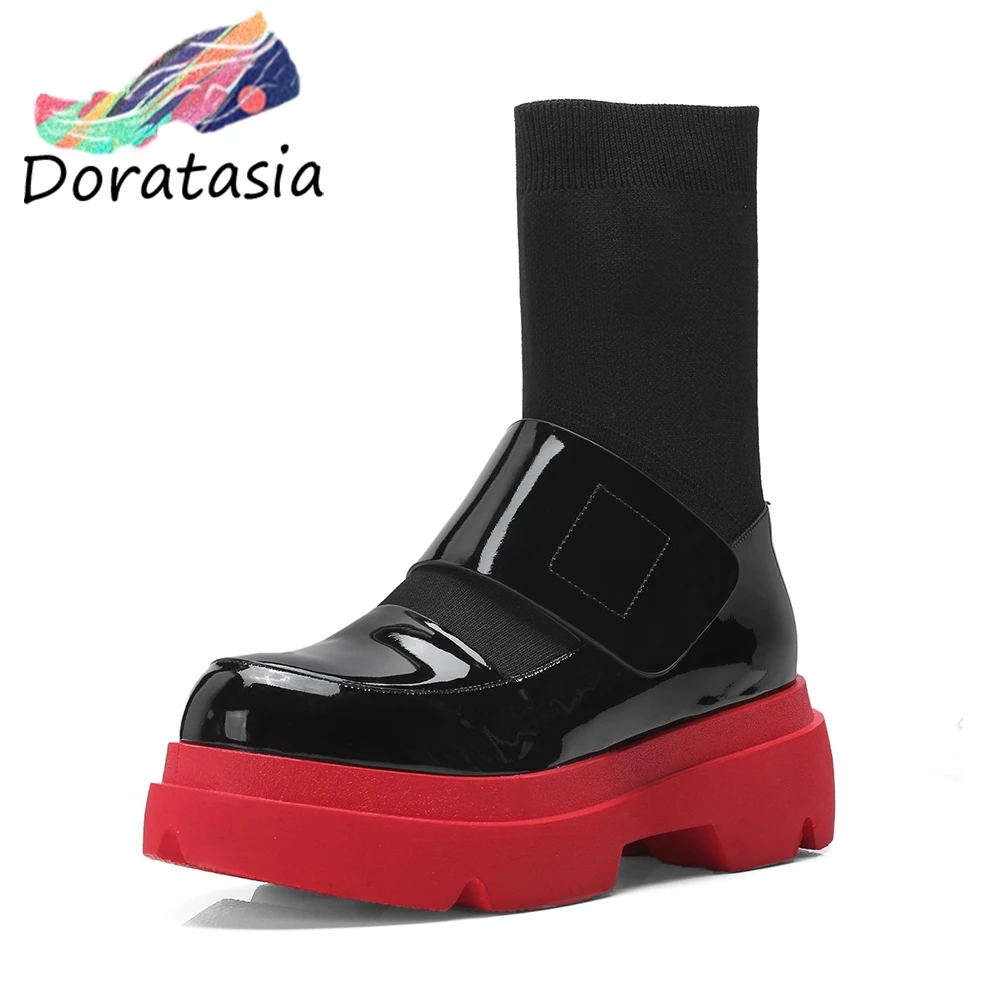 

DORATASIA Luxury Sweet Girl Sock Boots Women 2020 Autumn Patent Genuine Leather Platform Booties High Shoes Woman