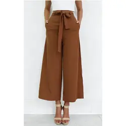 Элегантная широкие брюки ноги элегантные среднего талии молния брюки осенние штаны Для женщин Chic уличная Повседневное карман брюки