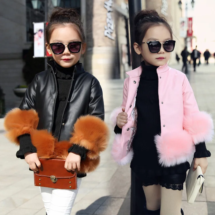 

High grade Children's fur jacket PU stitching Autumn winter new baby girls imitation fur coat motorcycle model jacket 18M03