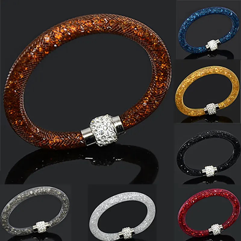 

LFPU Beautiful Design Multicolor Clay Crystal Magnetic Clasp Mesh Bracelet With Women Charm Bracelet Men