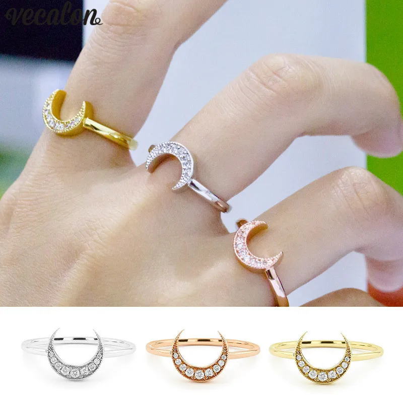 Vecalon, элегантное лунное кольцо, розовое белое золото, заполненное AAAAA цирконием Cz, обручальное кольцо, кольца для женщин, свадебные ювелирные изделия на палец