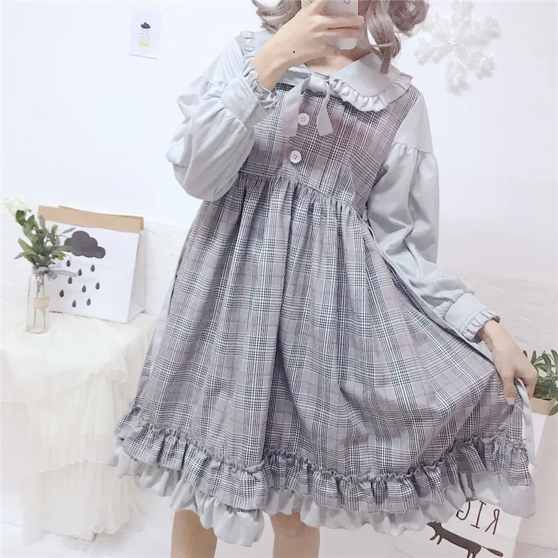 Платье в стиле Лолиты; милое японское платье в стиле каваи для девочек; винтажное платье в готическом стиле с милым бантом и воротником-куклой; платье в клетку