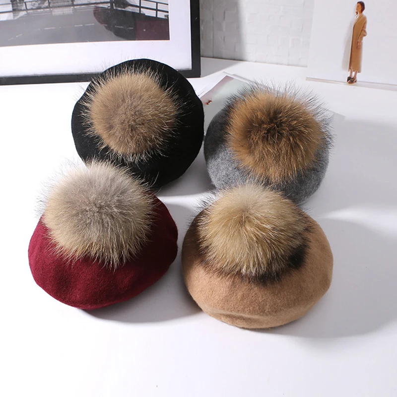 

Autumn Winter Women's Warm Cashmere Berets 15cm Big Hairball Natural Raccoon Fur Pompom Hats Pumpkin Hat For Women