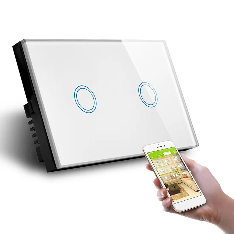 

US Standard Wall Switch Touch Control Two Gang WiFi Control by APP in Phone L and N Switch with Power Monitor