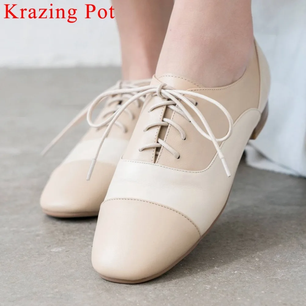 

Krazing pot Spring brand low heels lace up mixed colors cow leather women pumps square toe British style campus party shoes L73